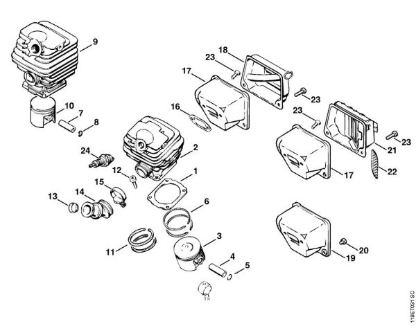 Cylinder, Muffler Gasoline chain saws (MS) 028 WB Stihl