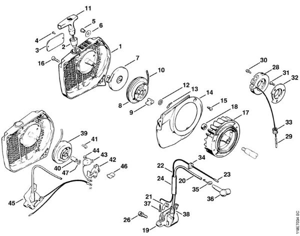 Rewind starter (Pawl), Ignition system (Electronic) Gasoline chain saws (MS) 028 WB Stihl