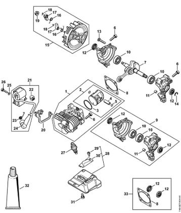 Cylinder with piston, Ignition system Gasoline chain saws (MS) MS 150 C-E Stihl