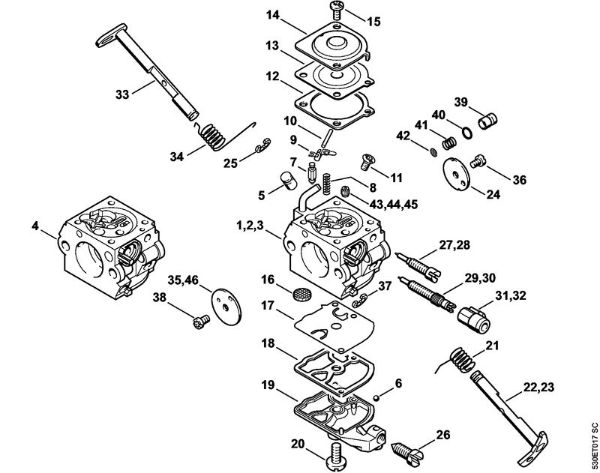 Carburetor C1Q­S89, -S90, -S102, -S106 Gasoline chain saws (MS) MS 210 C-BE Stihl