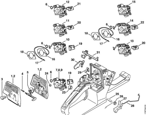 Air filter, Throttle control Gasoline chain saws (MS) MS 260 Stihl
