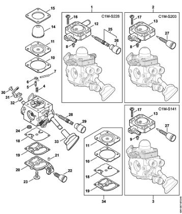 Carburetor C1M-S228, C1M-S203, C1M-S141 Blowers (BG, BR) BG 86 C-E D Stihl