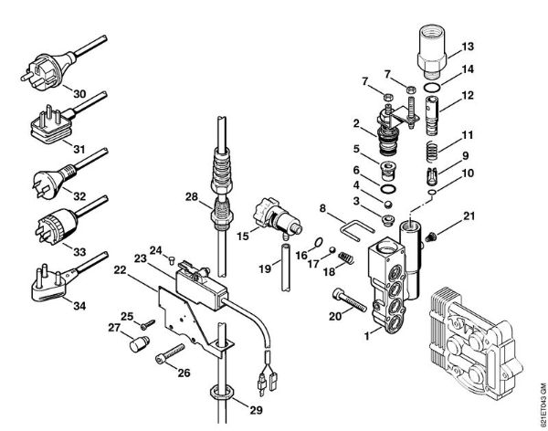Regulation valve block, Power cable Electric pressure washers (RE) RE 140 K Stihl