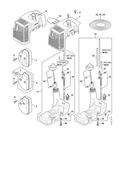 Picture of Muffler, Shroud, Fuel tank FS 120 2-MIX